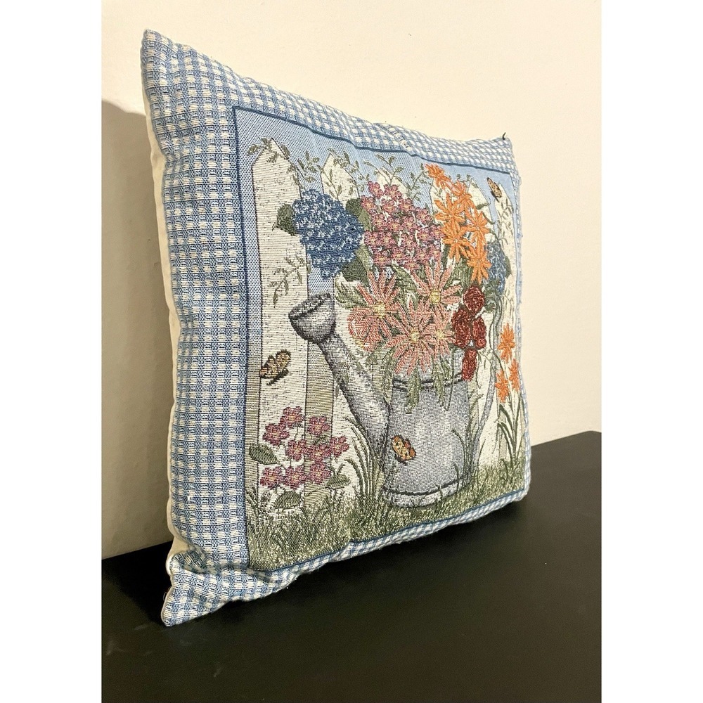 Cottagecore Pillow Blue Border Watering Can Overflowing Wild Flowers‎ Tapestry - Picture 2 of 6